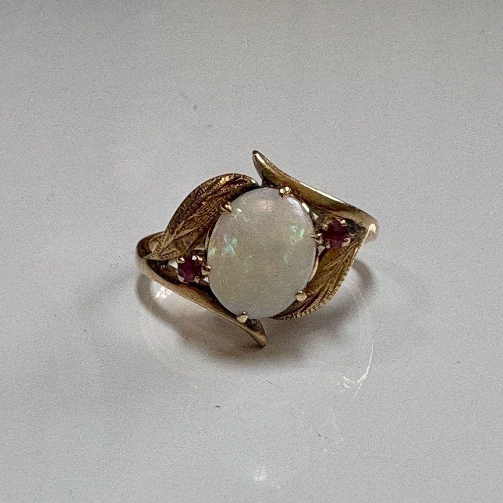 Vintage 14K Gold Opal & Ruby Leaf Bypass Ring - Size 6 - Solid Gold